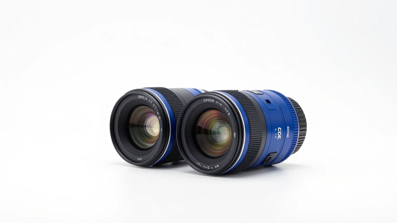 Macro shot of Epson 3LCD optical engine lenses on a clean white s