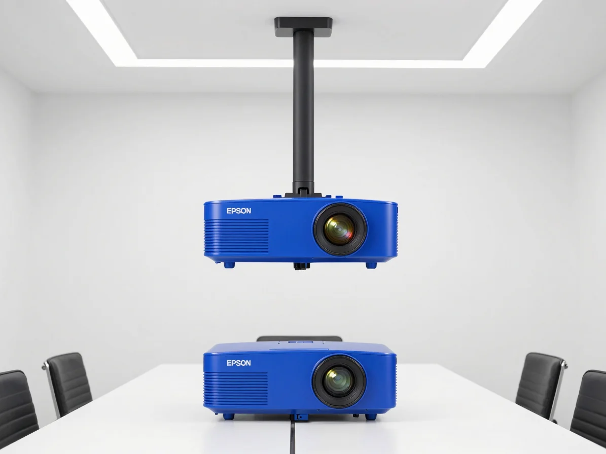 Epson laser projector mounted in a clean corporate boardroom with
