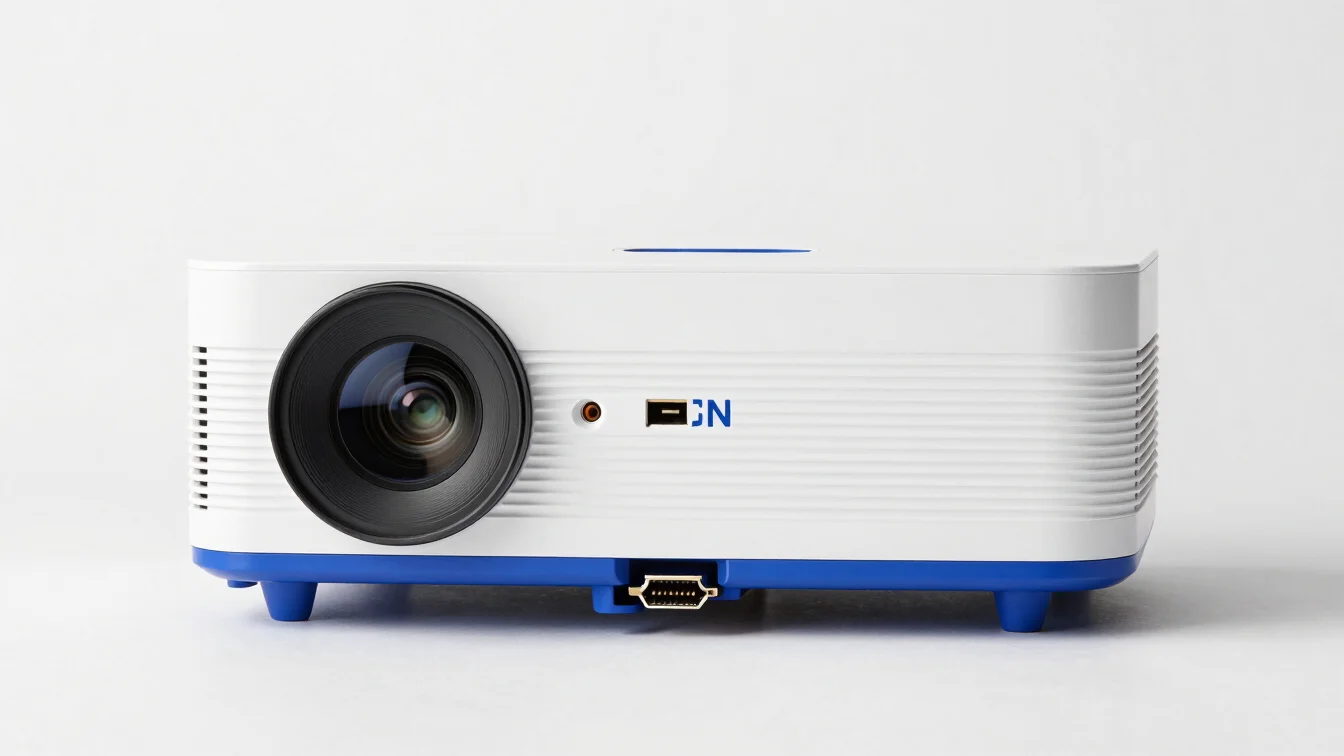 Macro shot of Epson projector optical lens and HDMI connection po