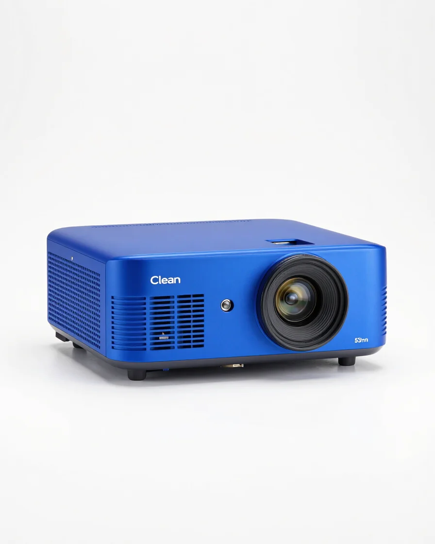 Clean studio lighting on a pristine white backdrop highlighting a modern business projector chassis and precision optica
