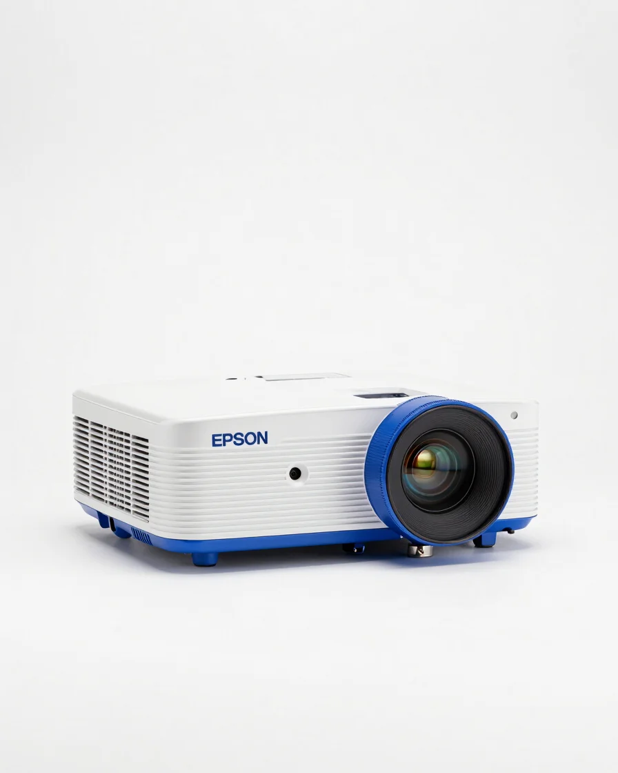 Epson laser projector on pristine white studio backdrop, sharp op