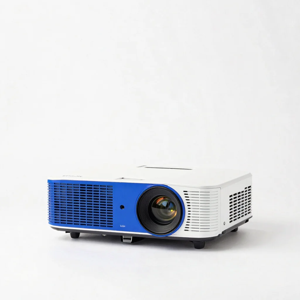 Epson projector hardware on pristine white background, studio strobe lighting, seamless white backdrop, vivid cobalt blu