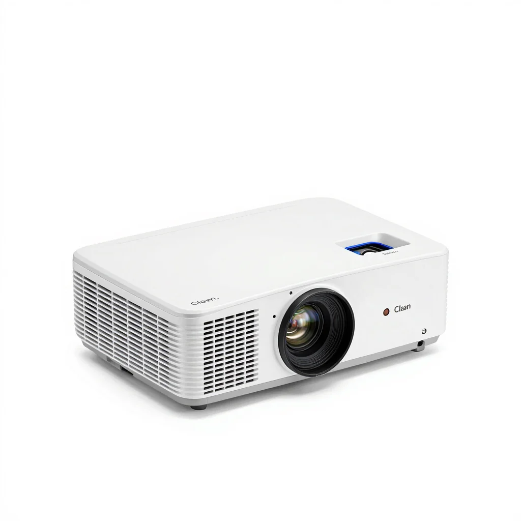 Clean isometric product cutout of an enterprise projector, neutral white balance, sharp optics, studio lighting.